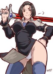 Rule 34 | 1girl, black eyes, black hair, blue thighhighs, breasts, butcha-u, closed mouth, hair pulled back, large breasts, looking at viewer, panties, short hair, simple background, smile, solo, soukaigi, sword, thighhighs, underwear, weapon, white background, white panties