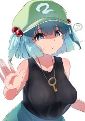 Rule 34 | 1girl, ?, absurdres, black tank top, blue hair, breasts, commentary request, flat cap, green hat, hair bobbles, hair ornament, hat, highres, kawashiro nitori, key, large breasts, looking at viewer, qralto, simple background, solo, spoken question mark, tank top, touhou, two side up, upper body, white background