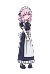 Rule 34 | 1girl, apron, black dress, black footwear, black souls, bow, bowtie, closed mouth, dress, full body, head wings, highres, looking at viewer, maid, maid apron, maid headdress, medium hair, pink eyes, pink hair, puffy short sleeves, puffy sleeves, rabbit king, red bow, red bowtie, shoes, short sleeves, sidelocks, simple background, smile, solo, victoria (black souls), white apron, white background, wings, wrist cuffs