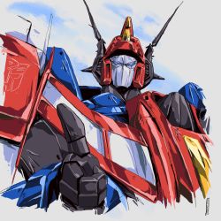Rule 34 | 1980s (style), 1boy, autobot, blue eyes, commentary, commission, cropped torso, english commentary, highres, hinomars19, looking at viewer, mecha, no humans, oldschool, retro artstyle, robot, science fiction, second-party source, solo, star saber (transformers), thumbs up, transformers, transformers super-god masterforce, transformers victory, upper body