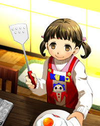 Rule 34 | 1girl, apron, atlus, blush, brown eyes, brown hair, chair, cooking, doujima nanako, egg, kuma (persona 4), looking at viewer, mgk968, newspaper, persona, persona 4, ribbon, smile, solo, spatula, sweater, table, twintails