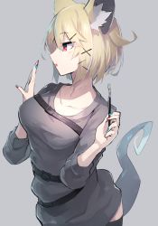 Rule 34 | 1girl, animal ear fluff, animal ears, arknights, blonde hair, blush, breasts, brush, collarbone, commentary request, cowboy shot, expressionless, grey background, hair between eyes, hair ornament, medium breasts, nail polish, purple eyes, sasa onigiri, short hair, simple background, solo, standing, tail, thighhighs, utage (arknights)
