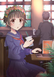 Rule 34 | 1boy, 1girl, :&lt;, black hair, blue sailor collar, blue serafuku, blue skirt, blunt bangs, breasts, brown eyes, cafe, chair, commentary, computer, cup, disposable cup, drink, drinking straw, flower, from side, hair flower, hair ornament, head wreath, highres, holding, holding cup, holding drink, indoors, laptop, light particles, looking at viewer, looking to the side, menu, neckerchief, open mouth, plant, pleated skirt, potted plant, red neckerchief, sailor collar, sakugawa school uniform, school uniform, serafuku, short hair, sitting, skirt, small breasts, solo focus, table, toaru kagaku no railgun, toaru majutsu no index, tree, uiharu kazari, window, yusshii