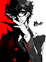 Rule 34 | 10s, 1boy, amamiya ren, black eyes, black hair, blazer, cat, dual persona, ebira, glasses, jacket, looking at viewer, male focus, mask, morgana (persona 5), persona, persona 5, red background, school uniform, short hair, smile, solo, turtleneck, two-tone background