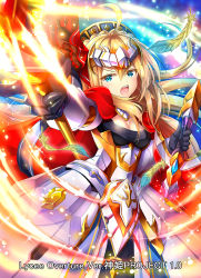 Rule 34 | 1girl, ahoge, armor, armored dress, blonde hair, blue eyes, blush, commentary request, dual wielding, feathers, hair between eyes, hair ribbon, headpiece, holding, holding sword, holding weapon, kamihime project, long hair, looking at viewer, official art, open mouth, outstretched arm, red ribbon, ribbon, solo, suishougensou, sword, teeth, upper teeth only, v-shaped eyebrows, very long hair, weapon