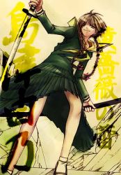 Rule 34 | 00s, 1girl, braid, hair over shoulder, maria-sama ga miteru, school uniform, serafuku, shimazu yoshino, solo, sword, twin braids, weapon