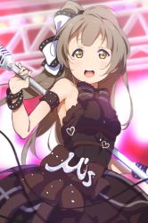 Rule 34 | 10s, 1girl, :d, bad id, bad pixiv id, black bow, black dress, bow, cable, dress, grey hair, heart, highres, icehotmilktea, long hair, love live!, love live! school idol festival, love live! school idol project, microphone stand, minami kotori, open mouth, scaffolding, sleeveless, smile, solo, studded armlet, studded bracelet, yellow eyes