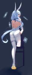 Rule 34 | 1girl, absurdres, ace (playing card), ace of clubs, ace of diamonds, ace of hearts, ace of spades, animal ears, ass, azur lane, bare back, card, chair, club (shape), constellation (azur lane), constellation (galaxy&#039;s finest) (azur lane), detached collar, diamond (shape), fake animal ears, fake tail, feet, from behind, full body, grey background, heart, highres, leotard, looking at viewer, looking back, manjuu (azur lane), pantyhose, playboy bunny, playing card, rabbit ears, rabbit tail, simple background, solo, spade (shape), standing, standing on one leg, tail, thigh strap, user ehgd8577, white leotard, white pantyhose, wrist cuffs