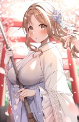 Rule 34 | absurdres, alternate costume, blue hakama, blurry, blush, breasts, broom, brown hair, cherry blossoms, depth of field, falling petals, floating hair, gawawawa, hakama, highres, holding, holding broom, ichikawa hinana, idolmaster, idolmaster shiny colors, japanese clothes, large breasts, looking at viewer, miko, outdoors, petals, shirt, sidelocks, torii, white shirt