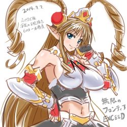 Rule 34 | 1girl, blue eyes, breasts, brown hair, closed mouth, dated, drill hair, fingerless gloves, gloves, hair ornament, haruyama kazunori, large breasts, long hair, looking at viewer, midriff, navel, neige hausen, pointy ears, simple background, smile, solo, super robot wars, super robot wars og saga mugen no frontier, super robot wars og saga mugen no frontier exceed, white background