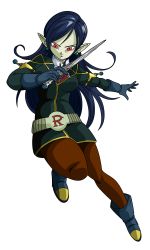 Rule 34 | 1girl, absurdres, belt, black gloves, black hair, breasts, colored skin, demon girl, dragon ball, dragon ball heroes, earrings, full body, gloves, green skin, highres, jewelry, long hair, looking at viewer, lying, official art, pointy ears, red eyes, robelu, smile, solo, thighs, transparent background, uniform