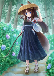 Rule 34 | 1girl, absurdres, animal ear fluff, animal ears, arm up, bell, blue eyes, blue flower, blue hakama, bow (weapon), brown footwear, brown headwear, closed mouth, commentary request, day, dirty, dirty clothes, ears through headwear, flower, forest, fox ears, fox girl, fox tail, full body, hair bell, hair ornament, hakama, hakama skirt, hand on headwear, highres, holding, holding bow (weapon), holding weapon, iroha (iroha matsurika), japanese clothes, jingle bell, kimono, long hair, long sleeves, muneate, nature, original, outdoors, parted bangs, ponytail, purple flower, rain, sandals, short sleeves, sidelocks, skirt, smile, socks, solo, tabi, tail, tasuki, tree, very long hair, weapon, wet, wet clothes, wet legwear, wet socks, white kimono, white socks, wide sleeves, yumi (bow), zouri