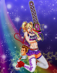 Rule 34 | 1boy, 1girl, abs, belt, blonde hair, blue eyes, breasts, brown hair, chainsaw, cheerleader, clothes writing, couple, crop top, grasshopper manufacture, grin, heart, highres, juliet starling, kneeling, large breasts, leg warmers, lollipop chainsaw, long hair, midriff, miniskirt, naname neko, navel, necktie, nick carlyle, rainbow, scrunchie, severed head, shoes, short hair, skirt, smile, sneakers, solo, sparkle, star (symbol), thighhighs, twintails, white thighhighs, wristband