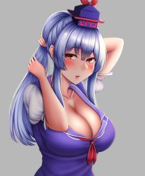 Rule 34 | 1girl, adjusting hair, arm up, blue dress, blue hair, blush, breasts, cleavage, collarbone, commentary request, dress, eyelashes, grey background, hair between eyes, hand in own hair, hand up, hat, highres, kamishirasawa keine, large breasts, lips, long hair, looking at viewer, mimasi osuwari, multicolored hair, neckerchief, open mouth, ponytail, puffy short sleeves, puffy sleeves, short sleeves, sidelocks, silver hair, simple background, solo, tokin hat, touhou, two-tone hair, tying hair, upper body