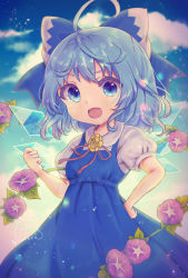 Rule 34 | 1girl, ahoge, artist name, blue bow, blue dress, blue eyes, blue hair, bow, cirno, clenched hand, cloud, commentary request, dress, flower, hair bow, hand on own hip, highres, ice, ice wings, morning glory, open mouth, plant, red ribbon, ribbon, shirt, short hair, short sleeves, sky, smile, solo, sunflower, suzukkyu, touhou, vines, white shirt, wings
