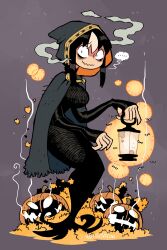 Rule 34 | ..., 1girl, absurdres, autumn, autumn leaves, bags under eyes, black dress, breasts, bug, cape, cloak, dress, elbow gloves, fingerless gloves, full body, gloves, halloween, halloween costume, highres, hood, hooded cloak, hunched over, insect, jack-o&#039;-lantern, lantern, large breasts, leaf, long dress, mixed-language commentary, moth, multicolored hair, noss (rariatto), original, pinky out, rariatto (ganguri), sidelocks, smile, speech bubble, streaked hair, twitter username, vampire, wavy mouth, white hair