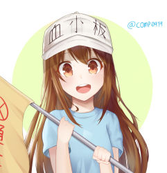 Rule 34 | 10s, 1girl, :d, blue shirt, blush, brown eyes, brown hair, character name, clothes writing, commentary request, ds a, flag, flat cap, green background, grey hat, hands up, hat, hataraku saibou, holding, holding flag, long hair, looking at viewer, open mouth, platelet (hataraku saibou), round teeth, shirt, short sleeves, smile, solo, teeth, twitter username, two-tone background, upper teeth only, very long hair, white background