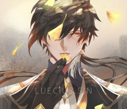 Rule 34 | 1boy, black gloves, black hair, brown hair, collar, collared shirt, earrings, falling leaves, genshin impact, ginkgo leaf, gloves, hair between eyes, highres, holding, holding leaf, jacket, jewelry, leaf, long hair, looking at viewer, luecius sin, male focus, multicolored hair, necktie, one eye covered, open mouth, ponytail, shirt, simple background, single earring, solo, tassel, tassel earrings, yellow eyes, zhongli (genshin impact)