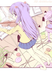 Rule 34 | 00s, 1girl, bad id, bad pixiv id, barefoot, beamed quavers, caidychen, clannad, dango daikazoku, feet, hair bobbles, hair ornament, ichinose kotomi, instrument, long hair, looking back, music stand, musical note, purple eyes, purple hair, school uniform, sheet music, soles, solo, treble clef, twintails, two side up, violin