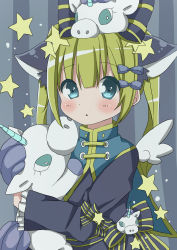 Rule 34 | 1girl, :&lt;, absurdres, animal ears, black bow, black dress, blonde hair, blue bow, blue eyes, blush, bow, commentary request, dress, hair between eyes, hair bow, hamada pengin, highres, long hair, long sleeves, looking at viewer, hugging object, original, parted lips, puffy long sleeves, puffy sleeves, solo, star (symbol), striped, striped background, striped bow, stuffed animal, stuffed toy, stuffed unicorn, triangle mouth, twintails, vertical stripes, wide sleeves