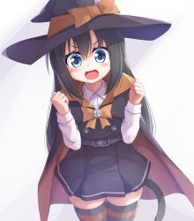 Rule 34 | 1girl, absurdres, adapted costume, asashio (kancolle), asashio kai ni (kancolle), black cape, black hair, black hat, blue eyes, cape, cat tail, clenched hand, commentary request, dress, hat, highres, kantai collection, kurokoshou (emuburemu123), leaning forward, long hair, long sleeves, orange neckwear, pinafore dress, searchlight, shirt, simple background, sleeveless, sleeveless dress, solo, striped clothes, striped thighhighs, tail, thighhighs, white background, white shirt, witch hat