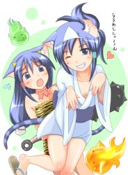 Rule 34 | 2girls, :3, animal ears, animal print, blue eyes, blue hair, cat ears, cat tail, club (weapon), cosplay, downblouse, fang, ghost, heart, horns, kanabou, long hair, matching hair/eyes, multiple girls, one eye closed, oni, original, sandals, shiina you (tomoshibi), siblings, sisters, tail, tiger print, twins, weapon, wink