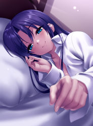Rule 34 | 1girl, blue eyes, collared shirt, commentary request, dress shirt, foreshortening, hair down, happy birthday, little busters!, lying, on side, pillow, purple hair, sasasegawa sasami, shirt, smile, solo, upper body, white shirt, zen (kamuro)
