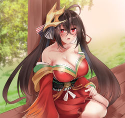Rule 34 | 1girl, azur lane, bare legs, black hair, breasts, cleavage, dress, graphite (medium), grass, hair between eyes, hair ribbon, japanese clothes, kimono, kuzya, lap pillow, large breasts, lips, long hair, long sleeves, looking at viewer, mask, mask on head, obi, off shoulder, open mouth, red dress, red eyes, red kimono, red ribbon, ribbon, sash, sitting, smile, solo, taihou (azur lane), traditional media, tree, twintails, wariza, wide sleeves, wooden floor