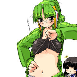 Rule 34 | 2girls, :x, breasts, clothes lift, dd (ijigendd), glasses, green hair, hand on own hip, hip focus, homeko, large breasts, midriff, multiple girls, navel, o o, os-tan, ponytail, shirt lift, simple background, sportswear, underboob, xp-tan, xp home-tan, xphome