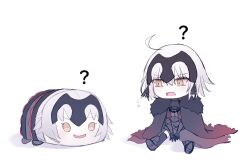 Rule 34 | 1girl, ?, ahoge, armor, black armor, black cape, black thighhighs, cape, character pillow, chibi, fang, fate/grand order, fate (series), flying sweatdrops, fur-trimmed cape, fur trim, headpiece, highres, jeanne d&#039;arc alter (avenger) (fate), jeanne d&#039;arc alter (avenger) (first ascension) (fate), jeanne d&#039;arc alter (fate), mini person, minigirl, nesoberi, open mouth, pillow, roro 982, short hair, simple background, skin fang, solo, thighhighs, torn cape, torn clothes, white background, white hair, yellow eyes
