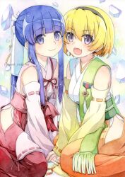 2girls :3 :d absurdres bare_hips black_hairband blonde_hair blue_hair blunt_bangs closed_mouth detached_sleeves fang furude_rika hair_between_eyes hair_ribbon hairband hakama hand_on_another&#039;s_hand highres higurashi_no_naku_koro_ni houjou_satoko japanese_clothes kimono long_sleeves looking_at_viewer miko multiple_girls open_mouth orange_hakama painting_(medium) purple_eyes red_hakama ribbon ribbon-trimmed_sleeves ribbon_trim short_hair sitting skin_fang sleeveless sleeveless_kimono smile sweet_miuk_tea traditional_media twitter_username wariza watercolor_(medium) white_kimono white_ribbon white_sleeves