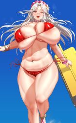 1girl areola_slip bikini blue_bg breasts choker female_focus glasses heart heart_choker heart_o-ring holding huge_breasts labiata_(last_origin) last_origin long_hair mature_female namamo_(kura) navel official_alternate_costume open_mouth pink_choker plump red_bikini red_eyes running running_towards_viewer smile solo swimsuit thick_thighs thighs veins veiny_breasts white_hair wide_hips