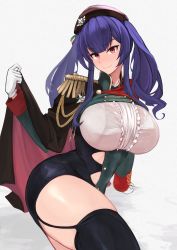 Rule 34 | 1girl, aiguillette, azur lane, beret, black cape, black dress, black hat, black thighhighs, bra, bra visible through clothes, breasts, cape, center frills, dress, epaulettes, framed breasts, frills, garter straps, gloves, green dress, hat, highres, huge breasts, italian flag, long hair, marshall k, medal, pola (azur lane), red cape, red eyes, solo, taut clothes, thighhighs, twintails, two-tone cape, two-tone dress, underwear, white bra, white gloves