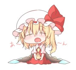 Rule 34 | 1girl, ascot, blush, chibi, closed eyes, collared shirt, flandre scarlet, full body, hair between eyes, hat, hat ribbon, highres, mob cap, nose blush, open mouth, puffy short sleeves, puffy sleeves, red ribbon, red skirt, red vest, ribbon, ribbon-trimmed headwear, ribbon trim, shirt, short sleeves, shoupon, skirt, skirt set, solo, touhou, vest, white background, white hat, white shirt, yellow ascot