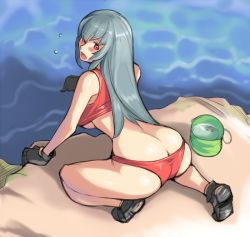Rule 34 | 00s, 1girl, ass, bikini, blush, breasts, bucket, butt crack, crab, gloves, hair over one eye, kneeling, large breasts, long hair, looking back, aged up, pink eyes, pointing, red bikini, rozen maiden, silver hair, solo, suigintou, swimsuit, tsuda nanafushi, underboob, water