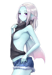 Rule 34 | 1girl, arched back, bare shoulders, blue skin, breasts, colored skin, dorsal fin, dragon quest, dragon quest x, fins, from side, head fins, kz ripo, long hair, looking at viewer, medium breasts, meme attire, monster girl, no bra, purple eyes, ribbed sweater, shorts, sideboob, silver hair, solo, sweater, virgin killer sweater, weddie (dq10), white background