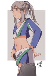 Rule 34 | 1girl, blue ribbon, brown eyes, commentary request, cowboy shot, crop top, grey hair, groin, hair ribbon, highres, kantai collection, long hair, long sleeves, midriff, miniskirt, multicolored clothes, navel, official alternate costume, osamada meika, ponytail, race queen, ribbon, sidelocks, skirt, solo, standing, usugumo (kancolle)