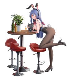 Rule 34 | 1girl, alcohol, animal ears, arm under breasts, bare shoulders, black leotard, blue hair, blush, breasts, brown pantyhose, collar, commentary request, fake animal ears, fake tail, hairband, high heels, highleg, highleg leotard, highres, leaning forward, leotard, long hair, looking at viewer, medium breasts, menu, mungersky, original, pantyhose, playboy bunny, pointy ears, rabbit ears, rabbit tail, red eyes, sideboob, simple background, solo, standing, standing on one leg, stool, table, tail, thigh strap, white background, wrist cuffs