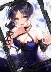 Rule 34 | black frills, black ribbon, blue dress, blue hair, breasts, bug, butterfly, cleavage, commentary request, detached sleeves, dress, earrings, framed, frilled dress, frilled sleeves, frills, gloves, hair ornament request, hair ribbon, half gloves, halterneck, hayami kanade, highres, idolmaster, idolmaster cinderella girls, insect, jewelry, large breasts, looking at viewer, mairo, open mouth, ribbon, short hair, signature, solo, sparkle, twitter username, yellow eyes
