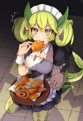 Rule 34 | 2girls, ^^^, animal ears, apron, black dress, blush, bread, breasts, brown choker, caught, choker, cleavage cutout, clothing cutout, commentary request, detached collar, dragon ears, dragon girl, dragon horns, dragon tail, dragonmaid (yu-gi-oh!), dress, duel monster, food, food in mouth, frilled apron, frilled sleeves, frills, full body, green footwear, green hair, green legwear, green sash, hair between eyes, hair ornament, hair rings, hairclip, hand up, highres, horns, kitchen dragonmaid, lace-trimmed apron, lace trim, looking at viewer, maid, maid apron, maid headdress, multiple girls, parlor dragonmaid, pinyata (pinyaland), puffy short sleeves, puffy sleeves, sash, seiza, shadow, short sleeves, sidelocks, sitting, solo focus, surprised, sweatdrop, tail, thighhighs, tile floor, tiles, tissue, tray, wrist cuffs, yellow eyes, yellow horns, yu-gi-oh!, zettai ryouiki