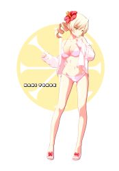 Rule 34 | 10s, 1girl, bare shoulders, bikini, blonde hair, breasts, character name, cleavage, drill hair, finger to mouth, flower, flower on head, groin, hair flower, hair ornament, highres, jacket, large breasts, looking away, mahou shoujo madoka magica, mahou shoujo madoka magica (anime), navel, o-ring, o-ring top, open clothes, open jacket, pink bikini, sandals, shiny skin, solo, swimsuit, tomoe mami, tsukumo (soar99), yellow eyes