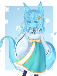Rule 34 | 1girl, absurdres, animal ear fluff, animal ears, blue background, blue eyes, blue hair, blue sclera, blue skin, blue skirt, border, closed mouth, colored sclera, colored skin, commission, curss, detached sleeves, fang, fang out, feet out of frame, fox ears, fox girl, fox shadow puppet, fox tail, hair ornament, high-waist skirt, highres, japanese clothes, jitome, long sleeves, looking at viewer, monster girl, original, skeb commission, skin fang, skirt, slime girl, smile, solo, standing, tail, white border
