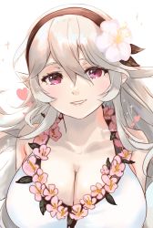 Rule 34 | 1girl, bikini, black headband, breasts, cleavage, commentary request, corrin (female) (fire emblem), corrin (female) (summer) (fire emblem), corrin (fire emblem), fire emblem, fire emblem fates, fire emblem heroes, flower, flower necklace, hair between eyes, hair flower, hair ornament, headband, heart, highres, jewelry, large breasts, lips, long hair, looking at viewer, necklace, nintendo, official alternate costume, parted lips, pink flower, pink lips, pointy ears, red eyes, sidelocks, silver hair, simple background, smile, sobasakuhin, solo, swimsuit, teeth, twitter username, upper body, white background, white bikini, white flower