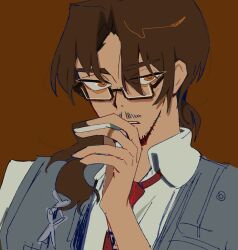 Rule 34 | 1boy, beard stubble, black vest, brown background, brown eyes, brown hair, cigarette, facial hair, glasses, gregor (project moon), hand up, highres, holding, holding cigarette, limbus company, long hair, looking at viewer, low ponytail, mustache, official art, parted bangs, portrait, project moon, simple background, solo, stubble, vellmori, vest