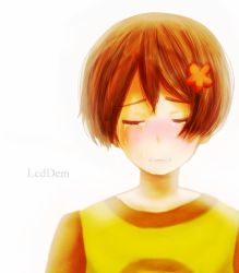 Rule 34 | 1girl, brown hair, chie (lcddem), clenched teeth, closed eyes, copyright name, crying, hair ornament, hairclip, lcddem, sad, short hair, simple background, solo, tears, teeth