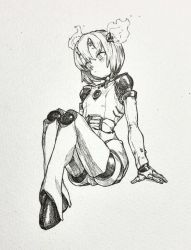 Rule 34 | 1girl, blush, closed mouth, commentary request, cyborg, expressionless, full body, greyscale, highres, mashimashi, monochrome, original, short hair, sitting, solo, traditional media