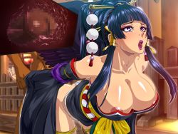 Rule 34 | 1girl, :o, areola slip, arm grab, bare shoulders, bent over, black wings, blue hair, blunt bangs, breasts, censored, clothing aside, cross-section, dead or alive, dead or alive 5, feathered wings, hair ornament, hair stick, hairpin, hat, japanese clothes, large breasts, legs, long hair, makeup, mole, mole under mouth, mosaic censoring, nyotengu, open mouth, panties, panties aside, penis, pink eyes, raburebo, saliva, sex, solo focus, sweat, thighs, tokin hat, underwear, vaginal, wide sleeves, wings, x-ray