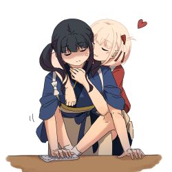 Rule 34 | 2girls, :3, anger vein, arm support, black hair, blonde hair, blue kimono, blush, bob cut, chinese commentary, closed eyes, closed mouth, commentary request, fafayu, hair ribbon, heart, highres, hug, hug from behind, inoue takina, japanese clothes, kimono, long hair, lycoris recoil, multiple girls, nishikigi chisato, official alternate costume, one side up, red kimono, red ribbon, ribbon, sidelocks, simple background, twintails, white background, yuri