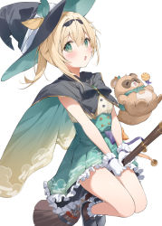 Rule 34 | 1girl, bare legs, black bow, black bowtie, black cape, black footwear, blonde hair, blue skirt, blush, bow, bowtie, broom, broom riding, cape, frilled skirt, frills, gloves, green eyes, hair between eyes, hana mori, hat, high-waist skirt, highres, hololive, kazama iroha, looking at viewer, open mouth, pokobee, shoes, simple background, skirt, solo, v arms, virtual youtuber, white background, white gloves, witch hat