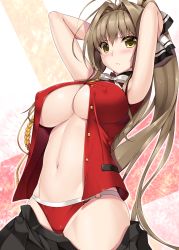 Rule 34 | &gt;:(, 10s, 1girl, amagi brilliant park, antenna hair, arms behind head, arms up, bikini, bikini under clothes, blush, breasts, brown hair, clothes pull, covered erect nipples, female focus, frown, hair intakes, huge breasts, long hair, looking at viewer, nakano sora, navel, no bra, o-ring, o-ring bottom, ponytail, red bikini, sento isuzu, skirt, skirt pull, solo, stomach, swimsuit, swimsuit under clothes, unbuttoned, underboob, v-shaped eyebrows, very long hair, yellow eyes